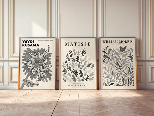 Set of three black and white art prints featuring Yayoi Kusama, Henri Matisse, and William Morris botanical wall art.