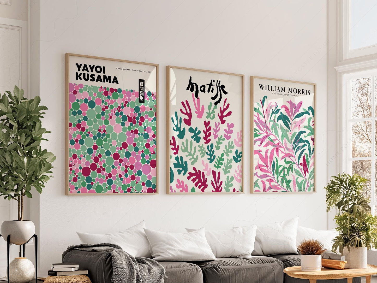 Set of 3 wall art prints featuring Yayoi Kusama dots, Henri Matisse cut-outs, and William Morris botanicals in pink and green.