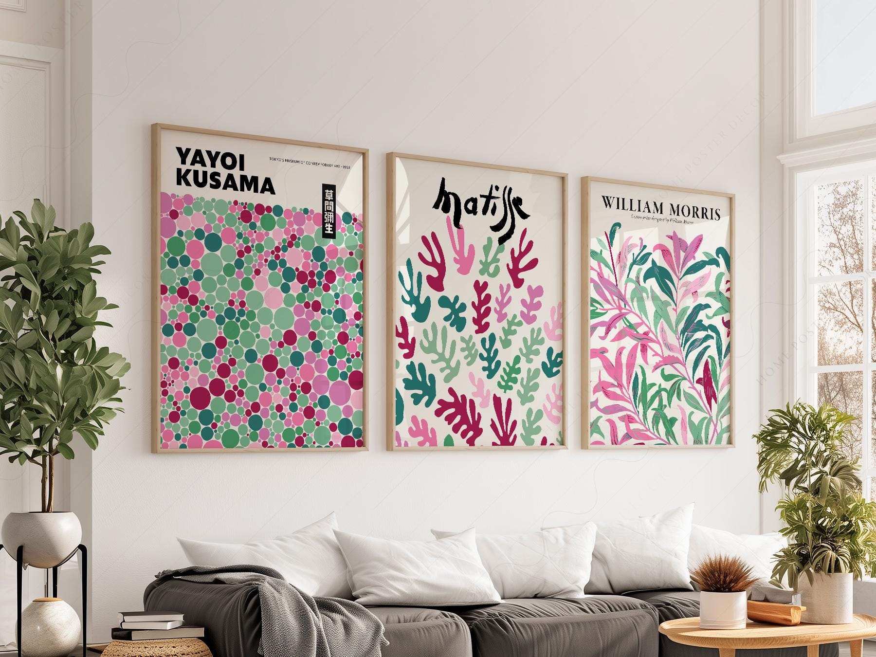 Set of 3 wall art prints featuring Yayoi Kusama dots, Henri Matisse cut-outs, and William Morris botanicals in pink and green.