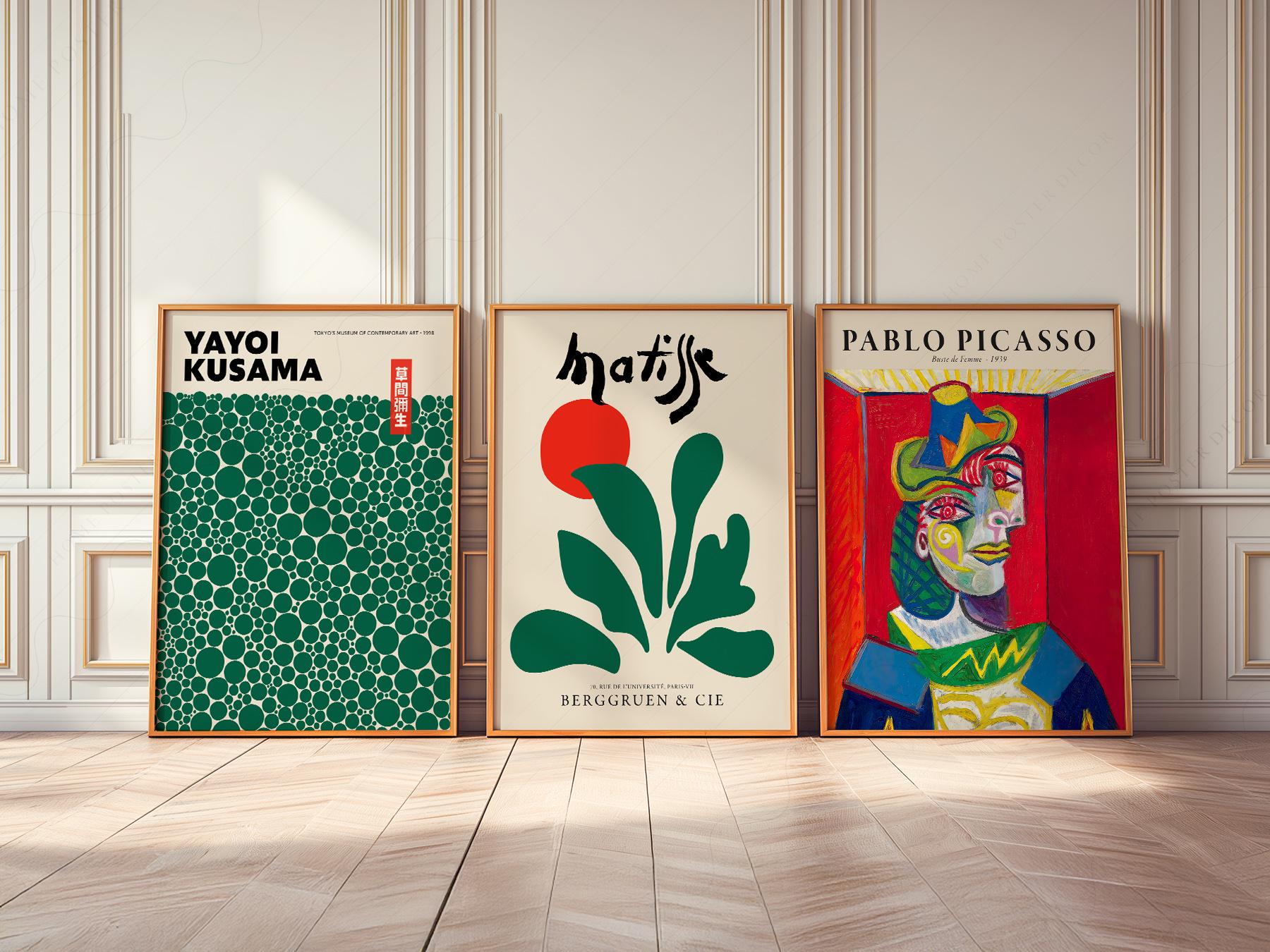Gallery wall set of three art prints featuring Yayoi Kusama dots, Matisse botanical, and Picasso portrait