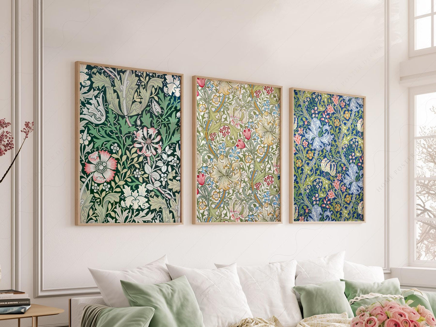 William Morris botanical print set of three featuring floral patterns in green, pink, and blue wall art.