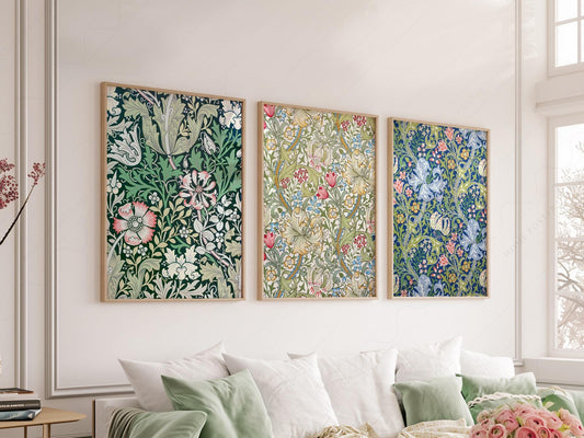 William Morris botanical print set of three featuring floral patterns in green, pink, and blue wall art.