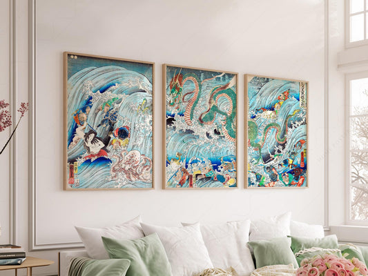 Utagawa Kuniyoshi Japanese dragon triptych woodblock art print set displayed as wall art in modern living room.