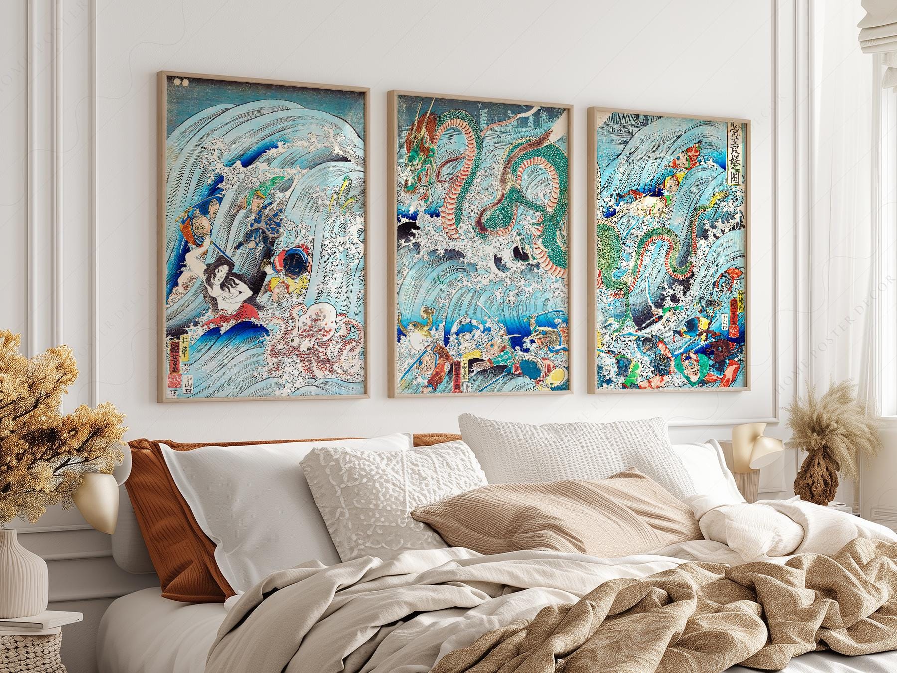 Utagawa Kuniyoshi Dragon Triptych Print Set – Japanese – gallery wall art poster