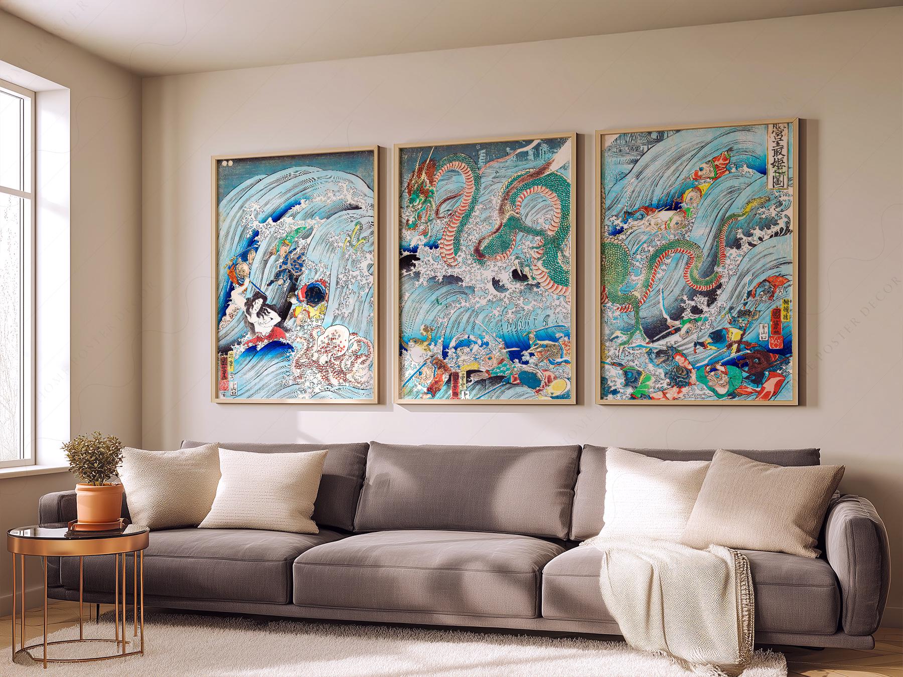 Utagawa Kuniyoshi Dragon Triptych Print Set – Japanese – archival paper art print