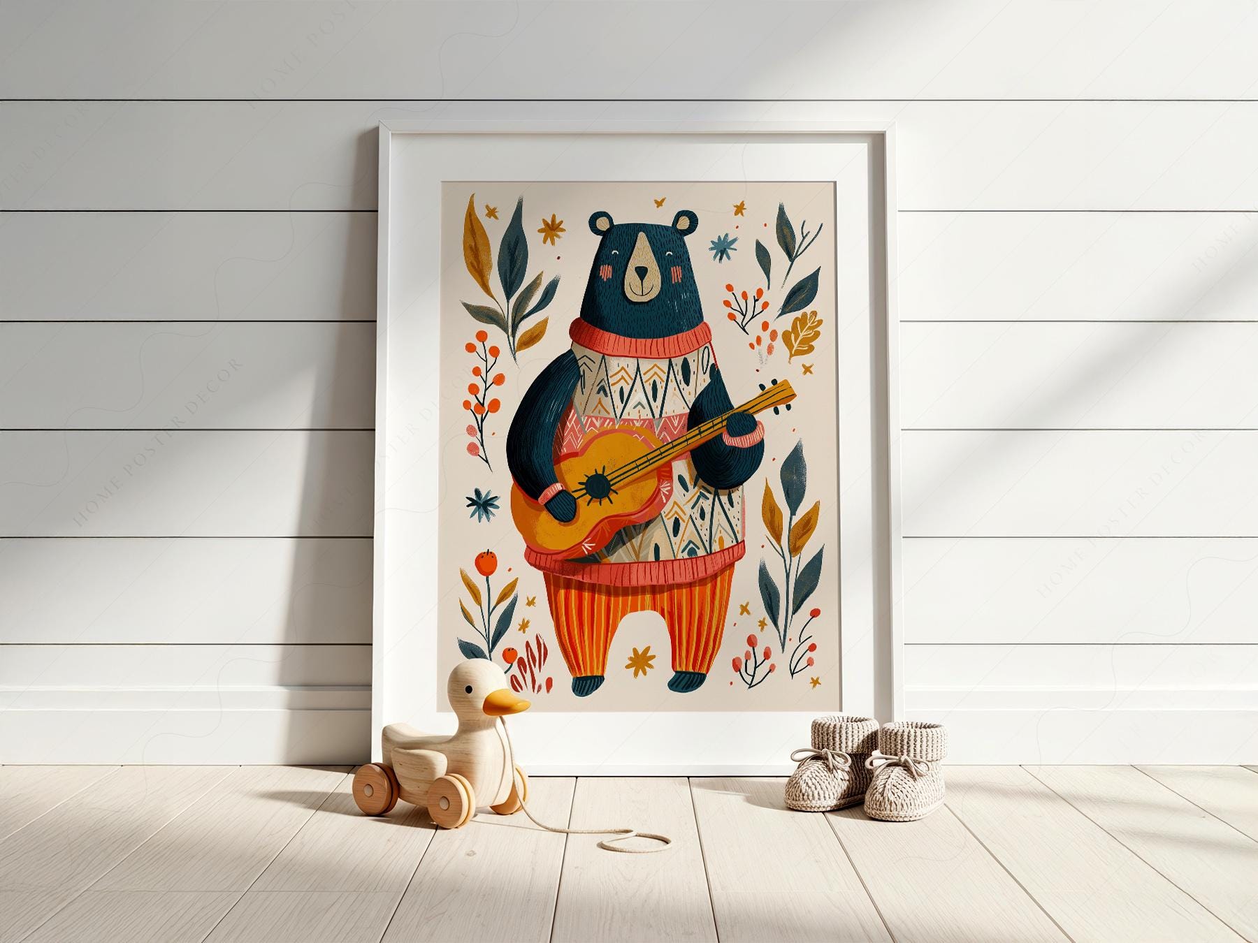 Whimsical Bear Playing Guitar Art Print – Folk Style – playful nursery poster print