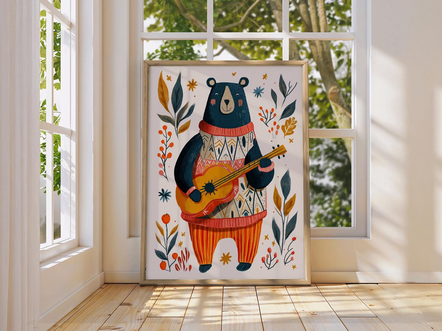 Whimsical Bear Playing Guitar Art Print – Folk Style – framed nursery art print detail