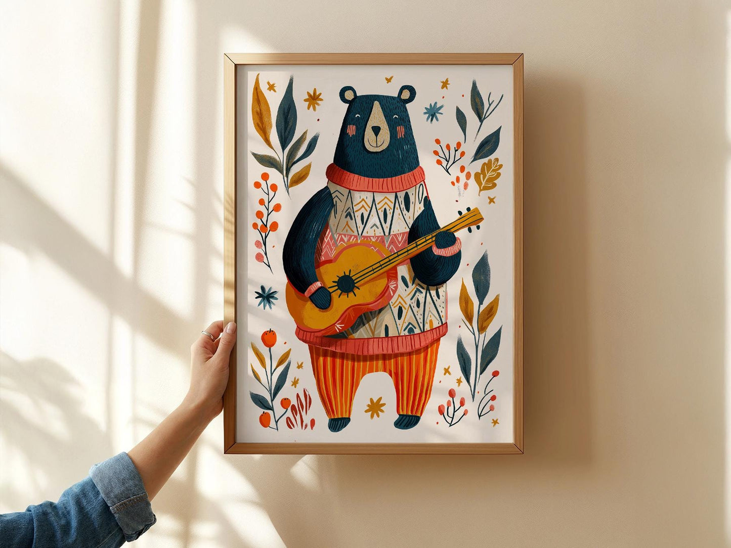 Whimsical Bear Playing Guitar Art Print – Folk Style – toddler room wall art print