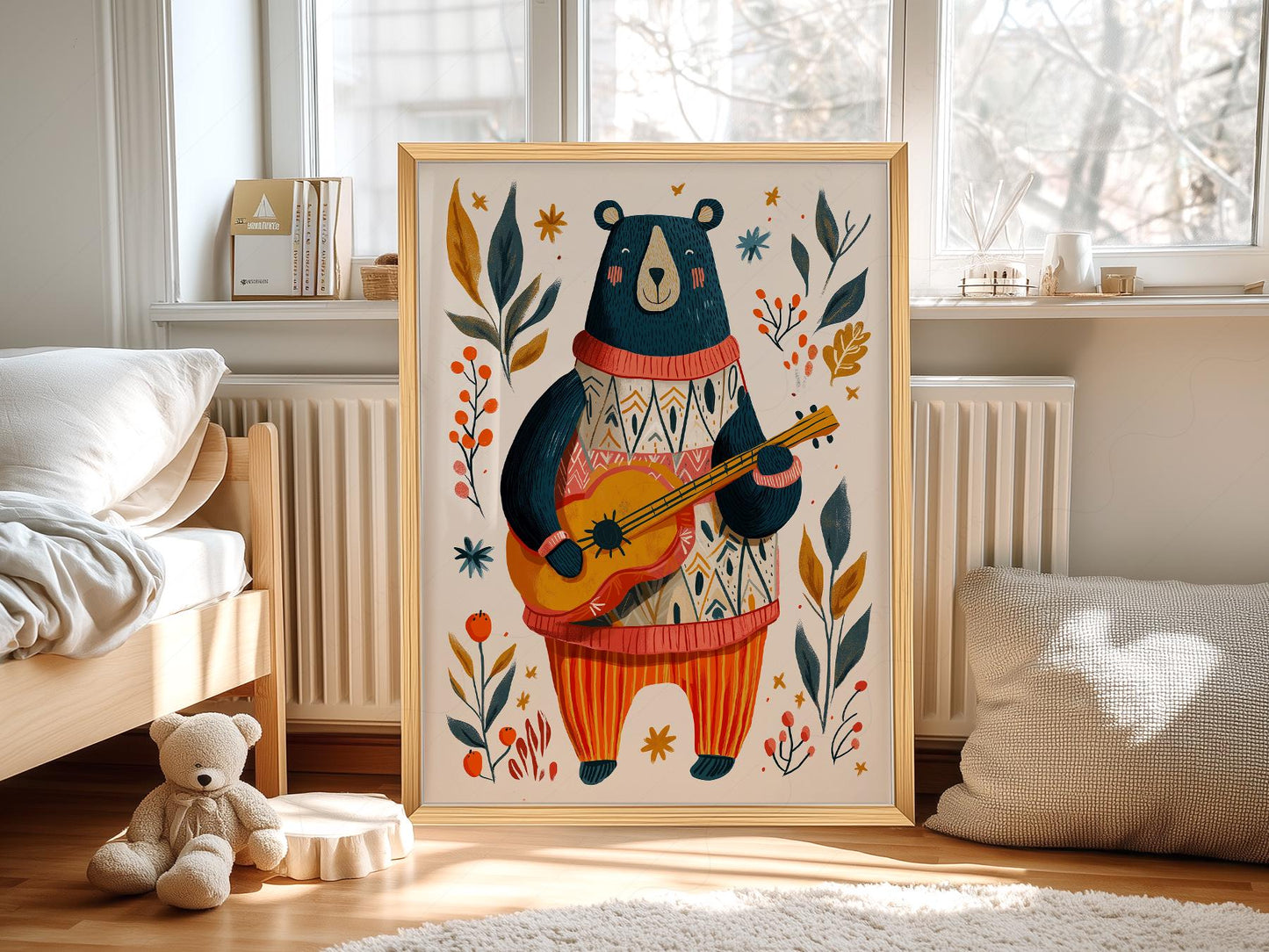 Whimsical folk art print of a bear in a sweater playing guitar surrounded by botanical elements wall art