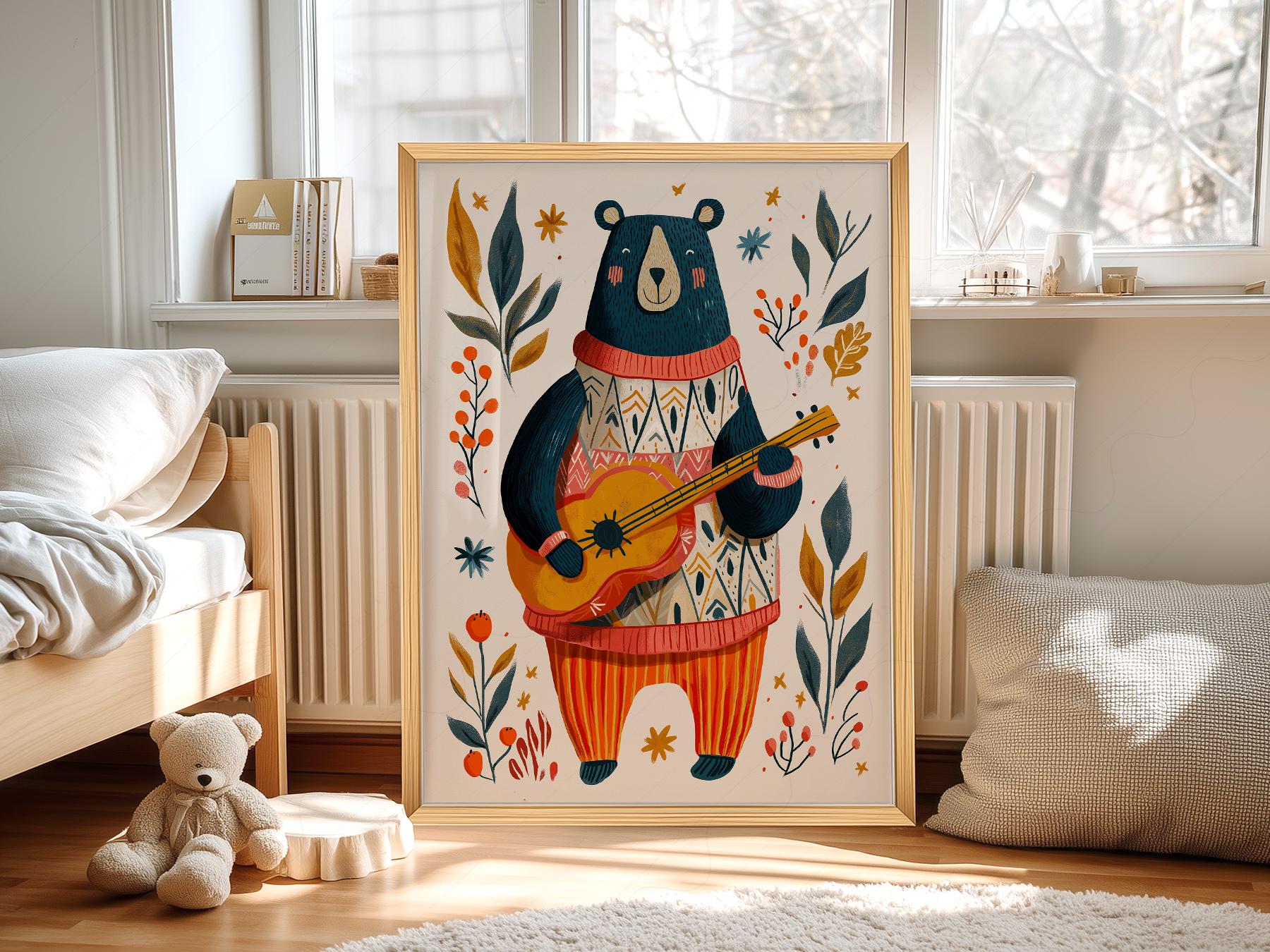 Whimsical folk art print of a bear in a sweater playing guitar surrounded by botanical elements wall art