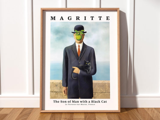 René Magritte Son of Man surrealist art print featuring a bowler-hatted man holding a black cat with green apple wall art.