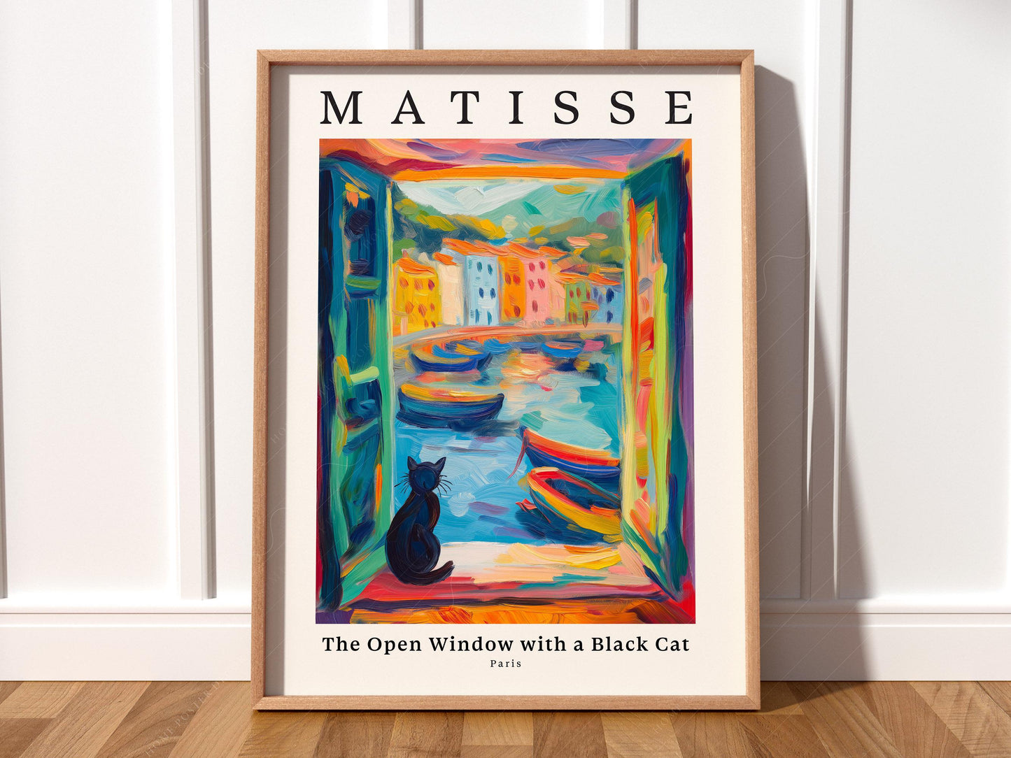 Henri Matisse inspired art print featuring a black cat at an open window overlooking a colorful Mediterranean harbor.