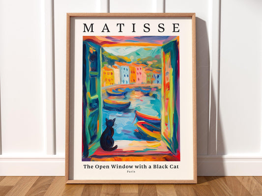 Henri Matisse inspired art print featuring a black cat at an open window overlooking a colorful Mediterranean harbor.