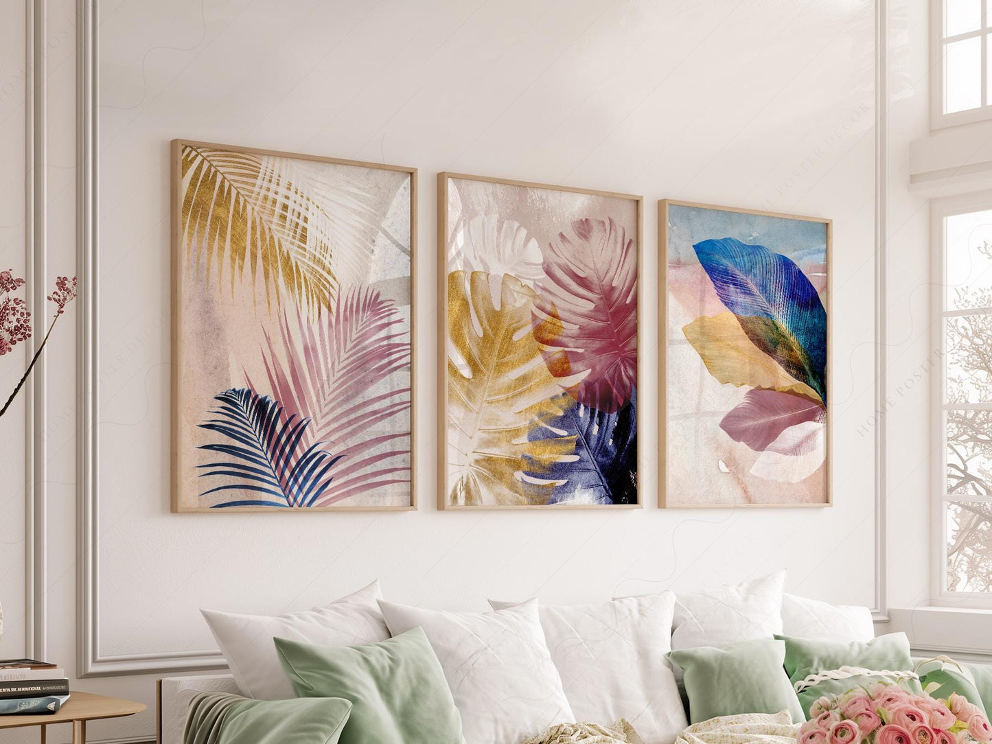 Abstract Tropical Leaf Art Print Set – Pink Blue Navy – museum quality art print