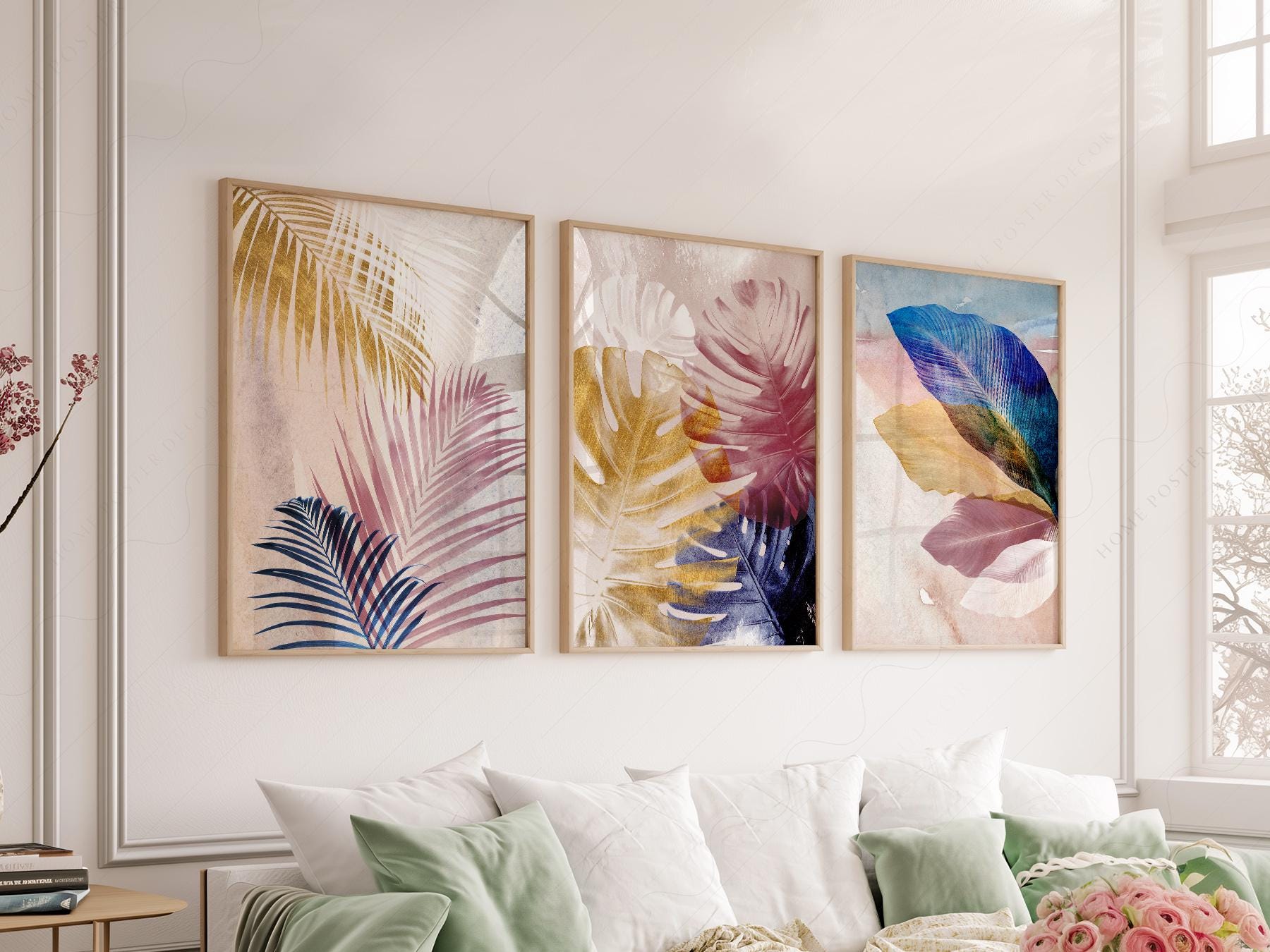 Abstract Tropical Leaf Art Print Set – Pink Blue Navy – museum quality art print