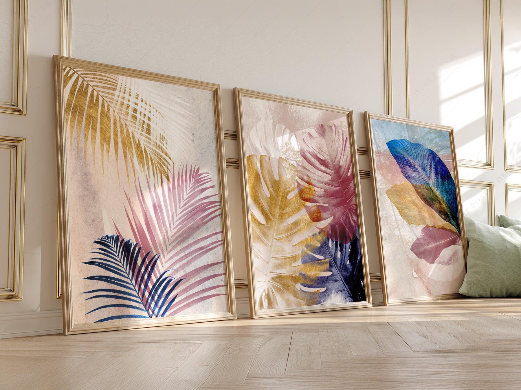 Abstract Tropical Leaf Art Print Set – Pink Blue Navy – classic art print reproduction