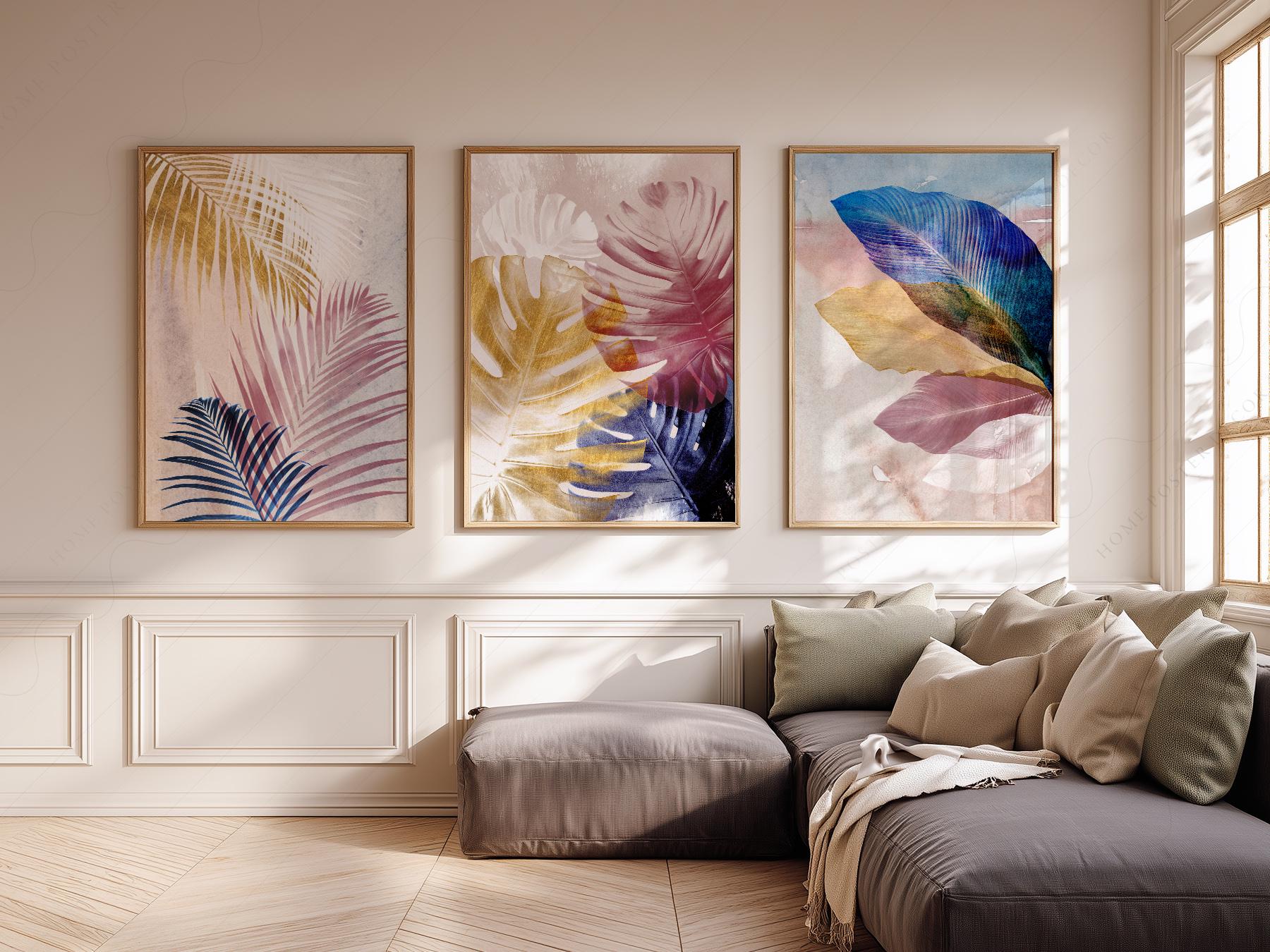 Abstract Tropical Leaf Art Print Set – Pink Blue Navy – archival paper art print