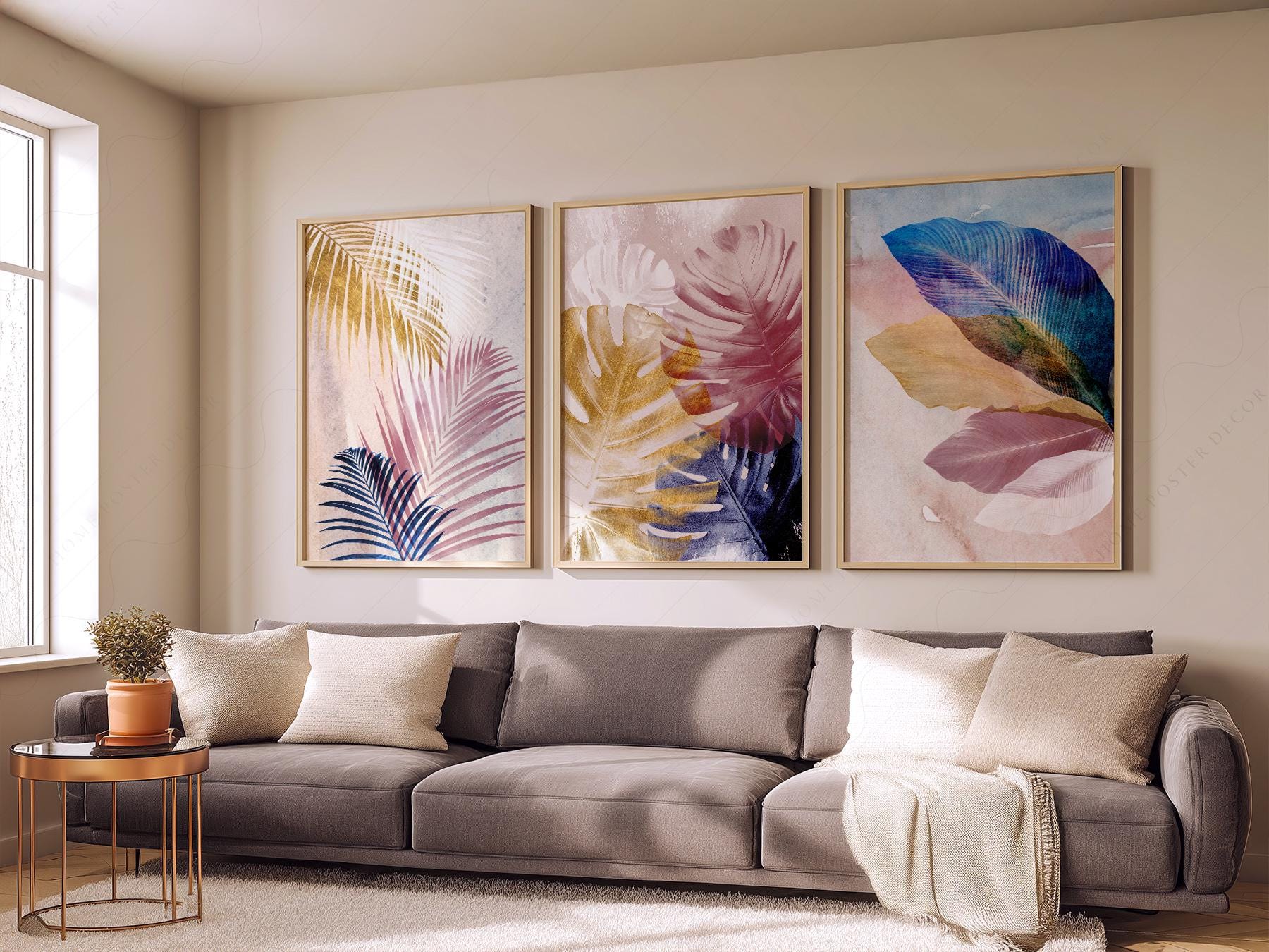Abstract Tropical Leaf Art Print Set – Pink Blue Navy – fine art print wall decor