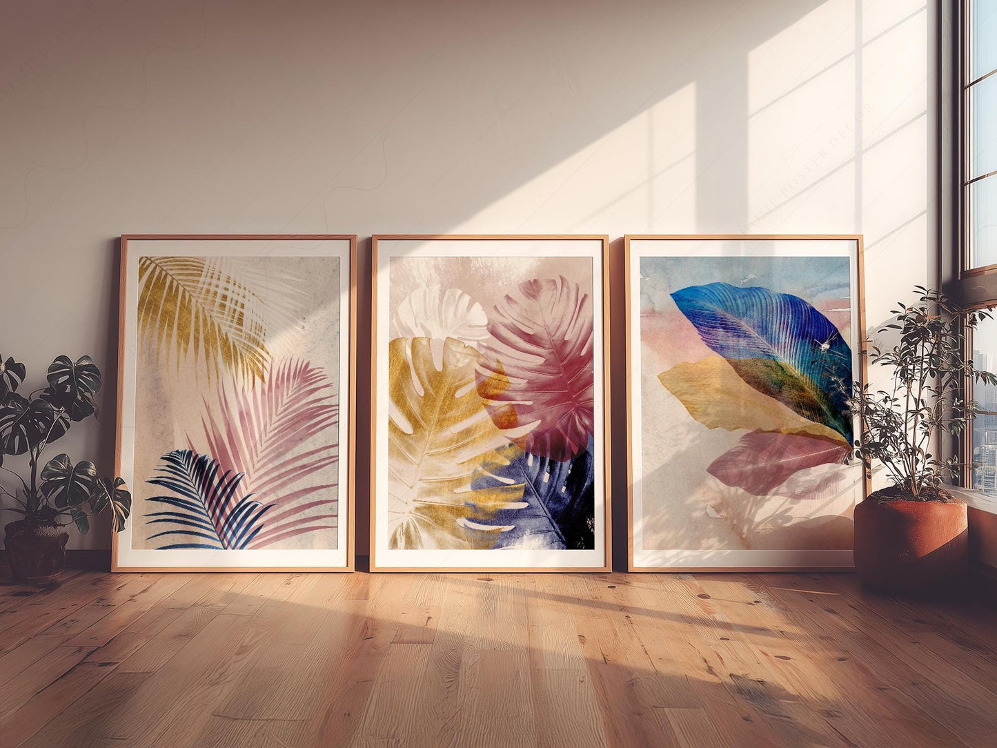 Abstract Tropical Leaf Art Print Set – Pink Blue Navy – exhibition poster wall art