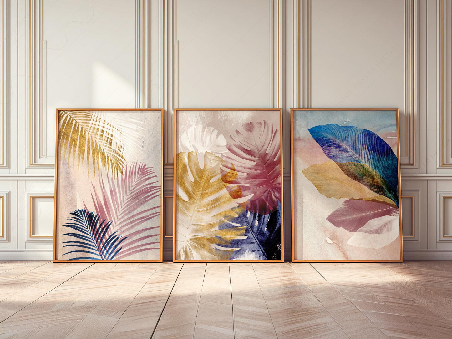 Abstract Tropical Leaf Art Print Set – Pink Blue Navy – fine art wall poster