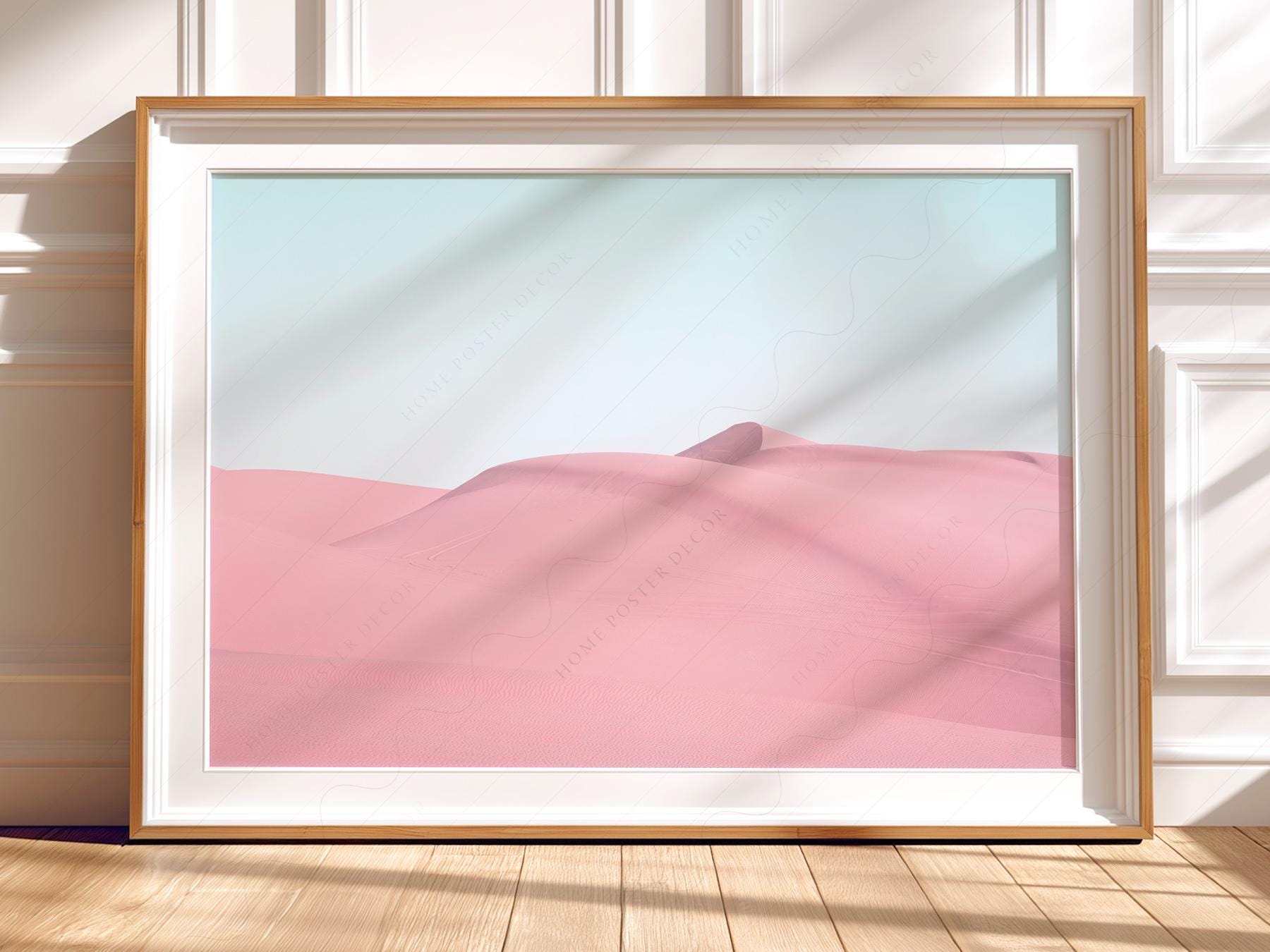 Pink sand dunes minimalist desert landscape art print with pastel sky modern wall art.