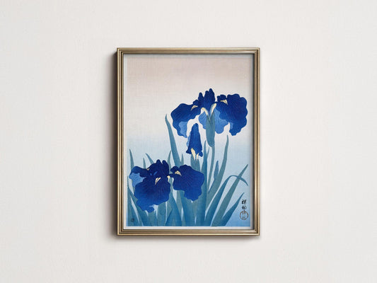 Ohara Koson blue iris Japanese woodblock art print featuring delicate indigo flowers and green foliage.