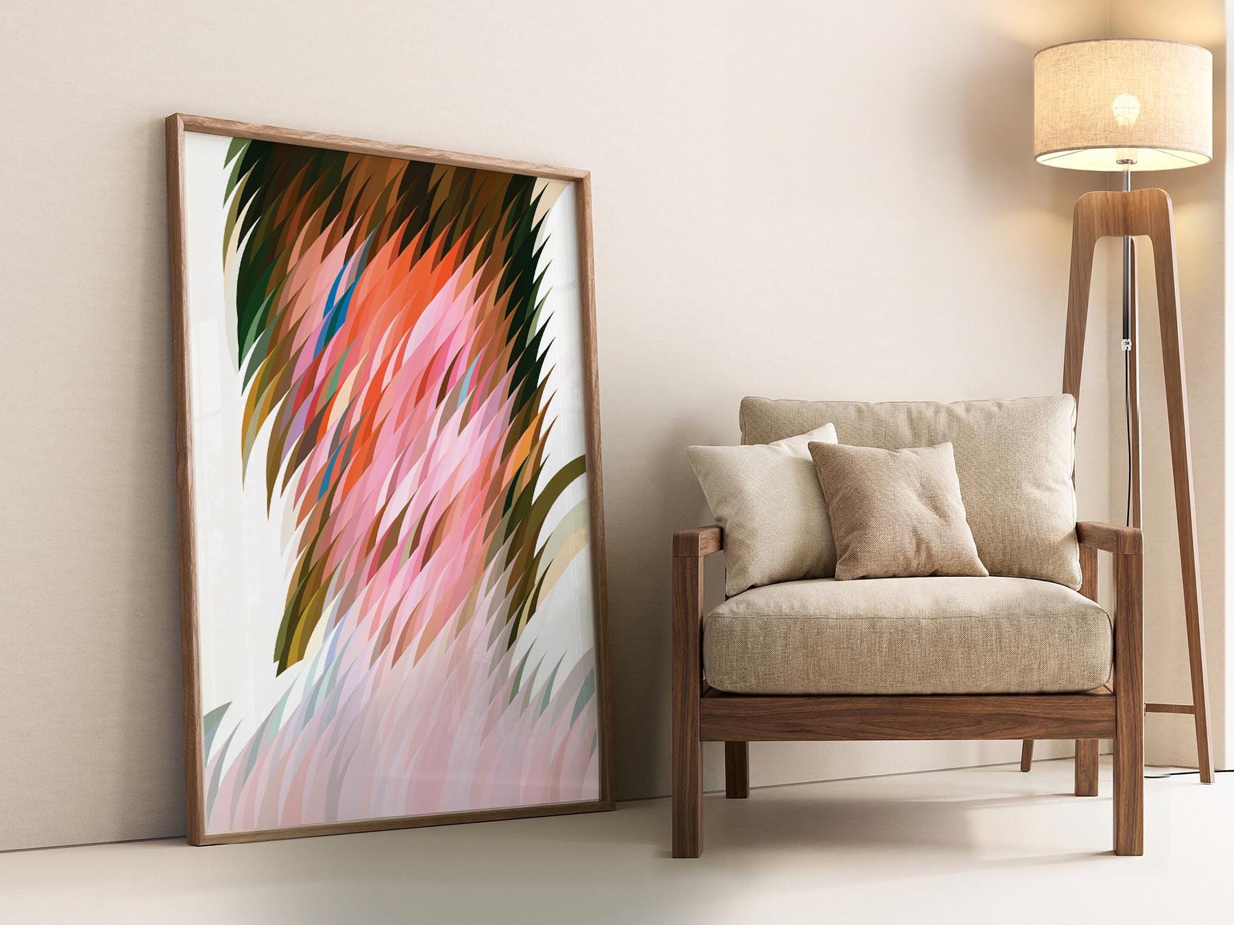 Abstract geometric art print with vibrant pink, green, and earth tone feather-like shapes as modern wall art.