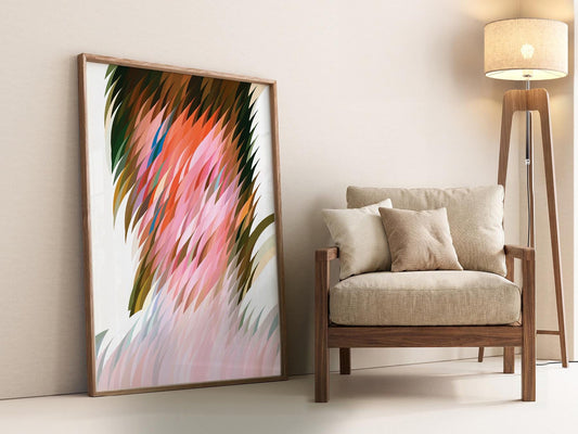 Abstract geometric art print with vibrant pink, green, and earth tone feather-like shapes as modern wall art.