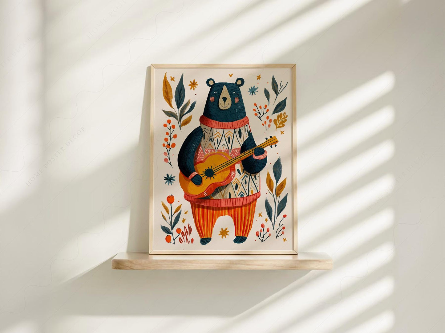 Whimsical Bear Playing Guitar Art Print – Folk Style – children's room art print