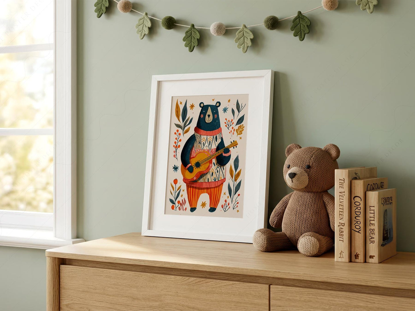 Whimsical Bear Playing Guitar Art Print – Folk Style – whimsical kids room decor