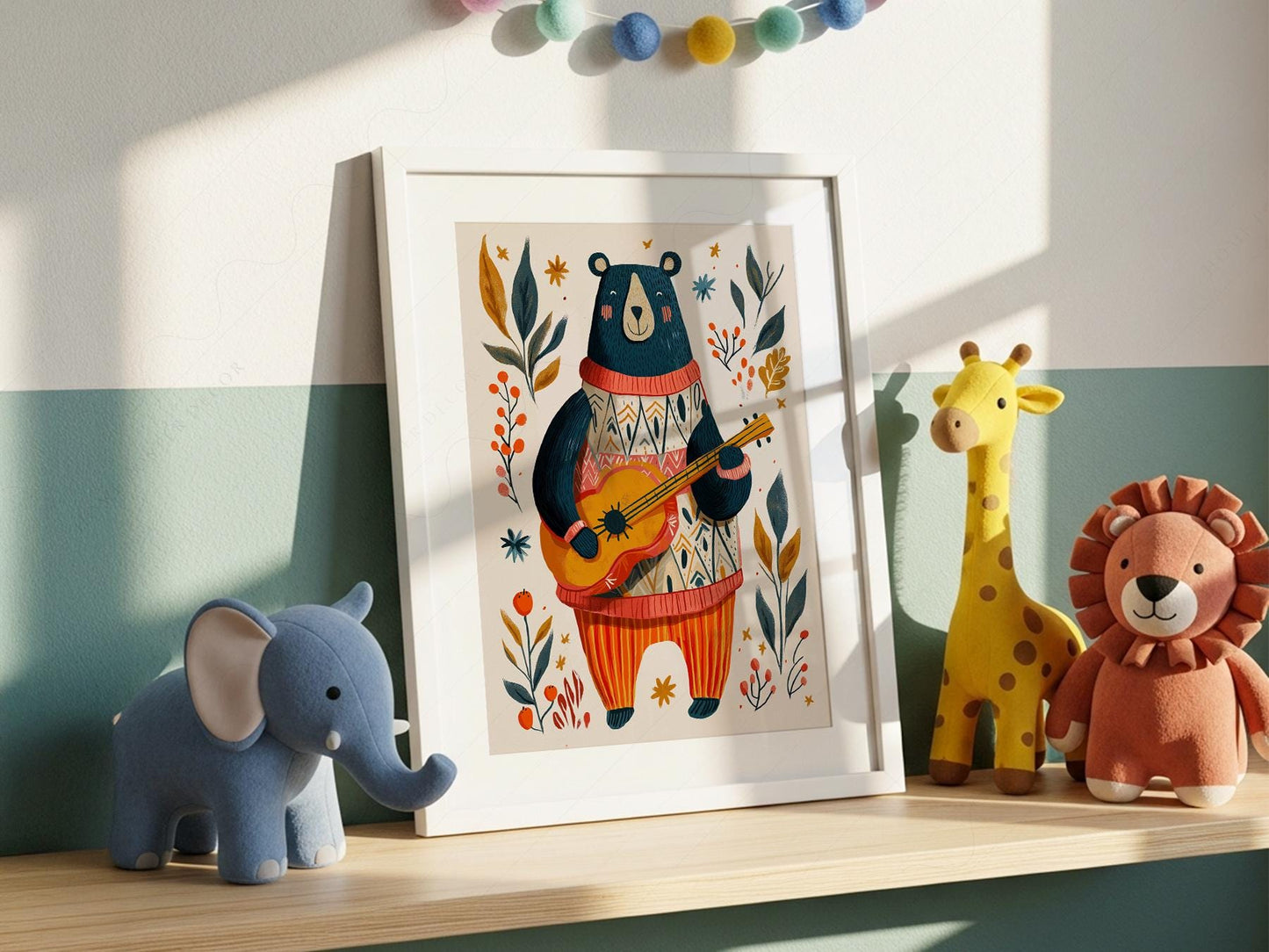 Whimsical Bear Playing Guitar Art Print – Folk Style – nursery wall art for baby room