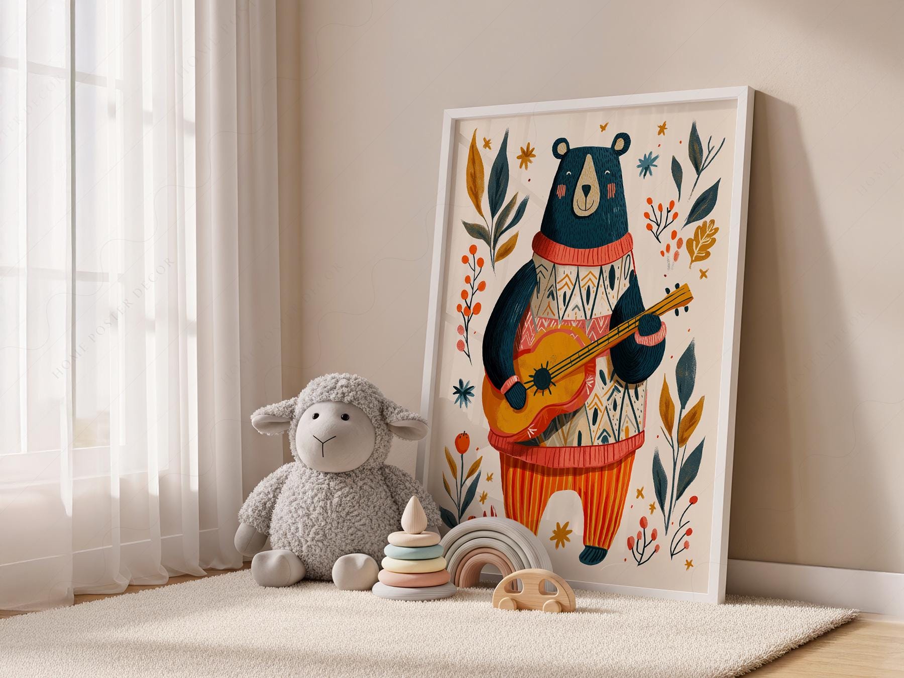 Whimsical Bear Playing Guitar Art Print – Folk Style – art print for baby shower gift