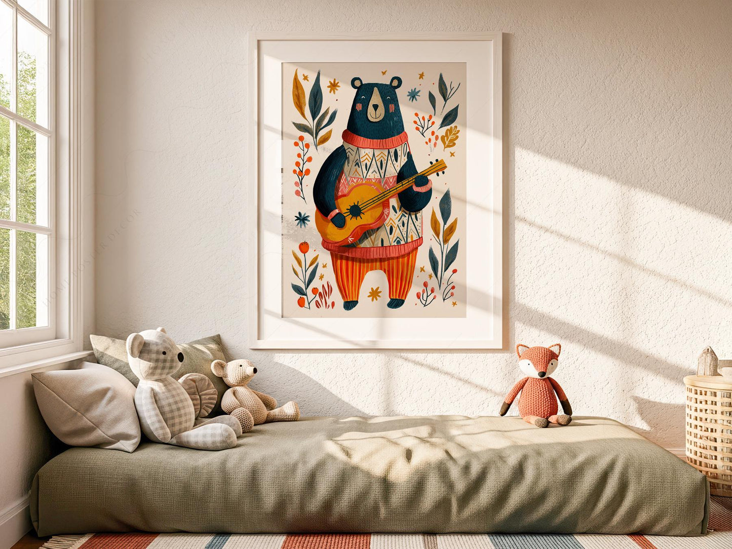 Whimsical Bear Playing Guitar Art Print – Folk Style – sweet nursery wall decor