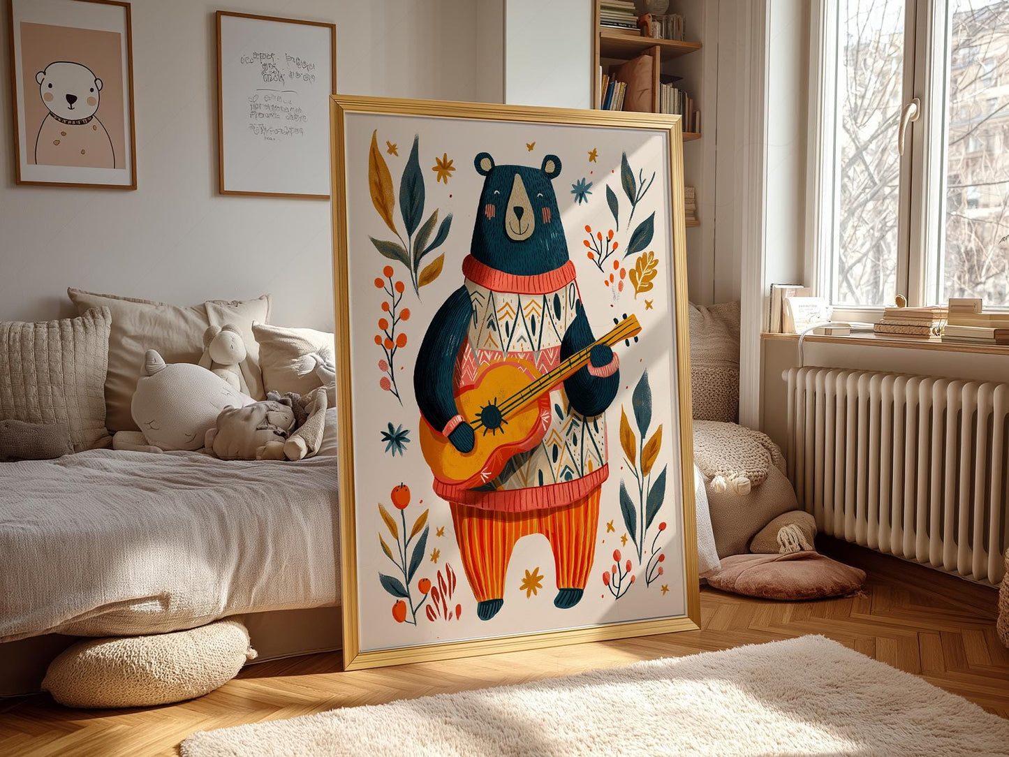 Whimsical Bear Playing Guitar Art Print – Folk Style – children's illustration print