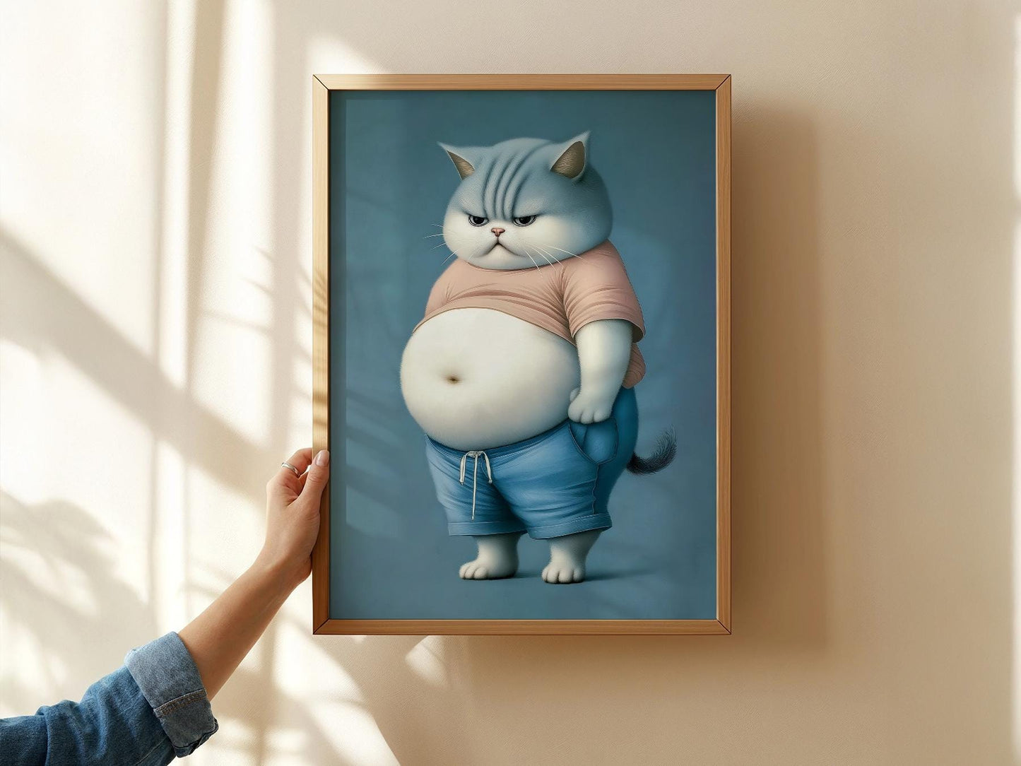 Grumpy Chubby Cat Art Print – Funny Pet Portrait – fine art print wall decor