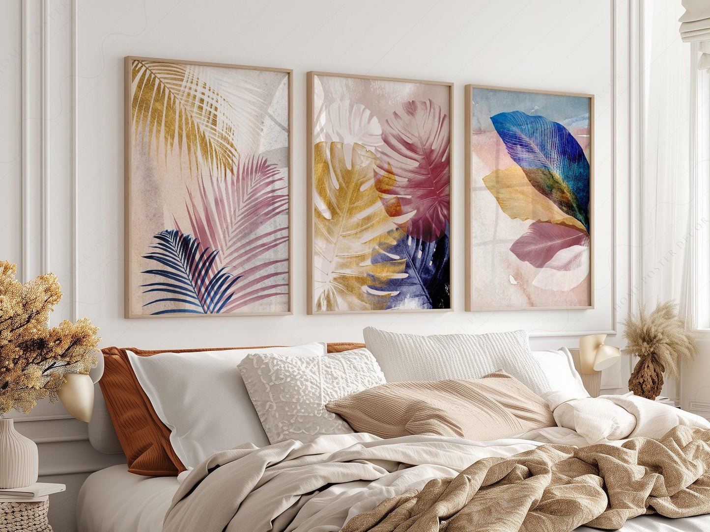 Abstract Tropical Leaf Art Print Set – Pink Blue Navy – gallery wall art poster