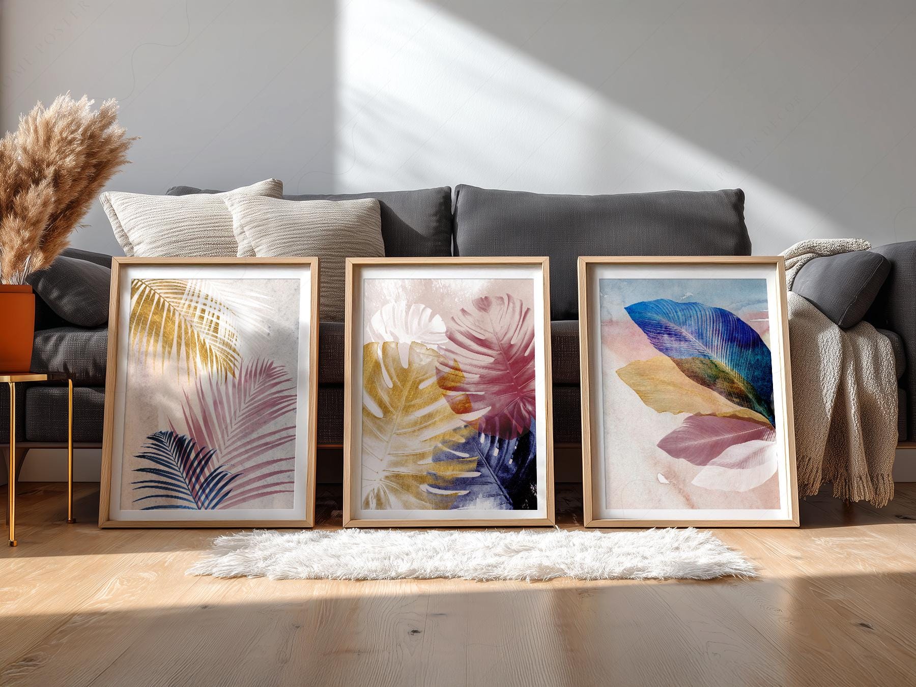 Abstract Tropical Leaf Art Print Set – Pink Blue Navy – art poster for living room