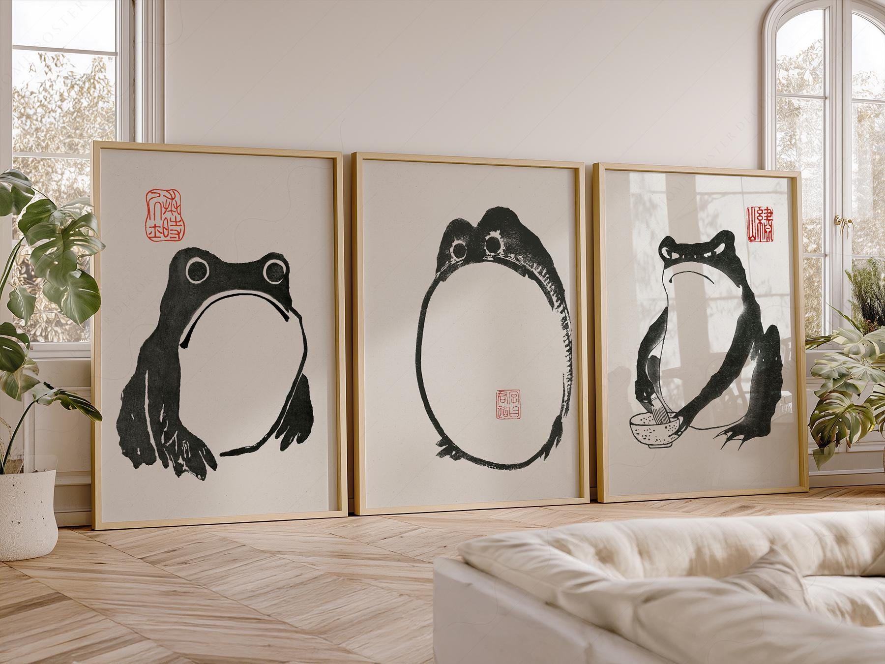 Matsumoto Hoji frog art print set of three featuring whimsical Japanese ink wash frogs as wall art.