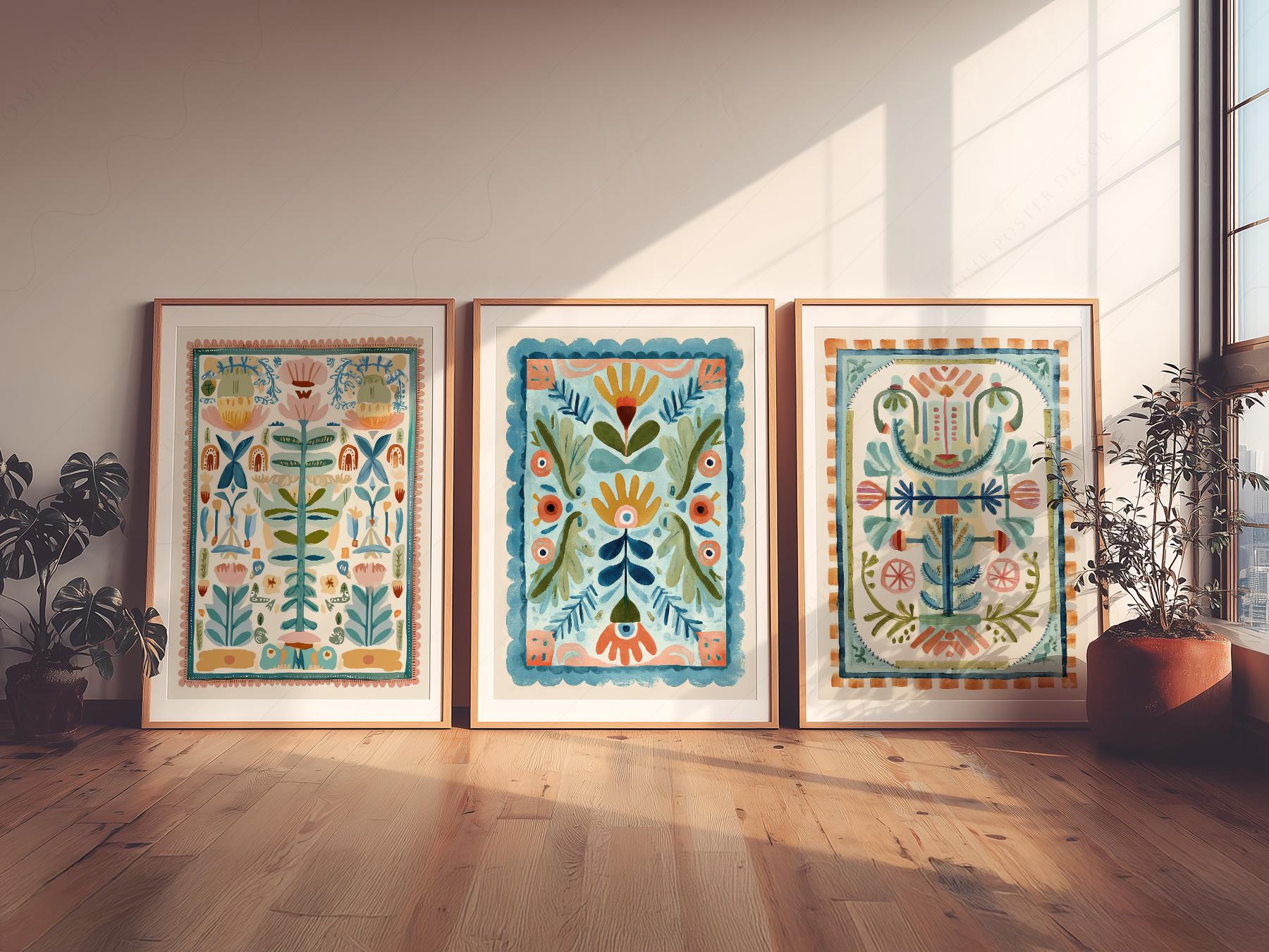 Boho Floral Tapestry Art Print Set of 3 – Maximalist – museum quality art print