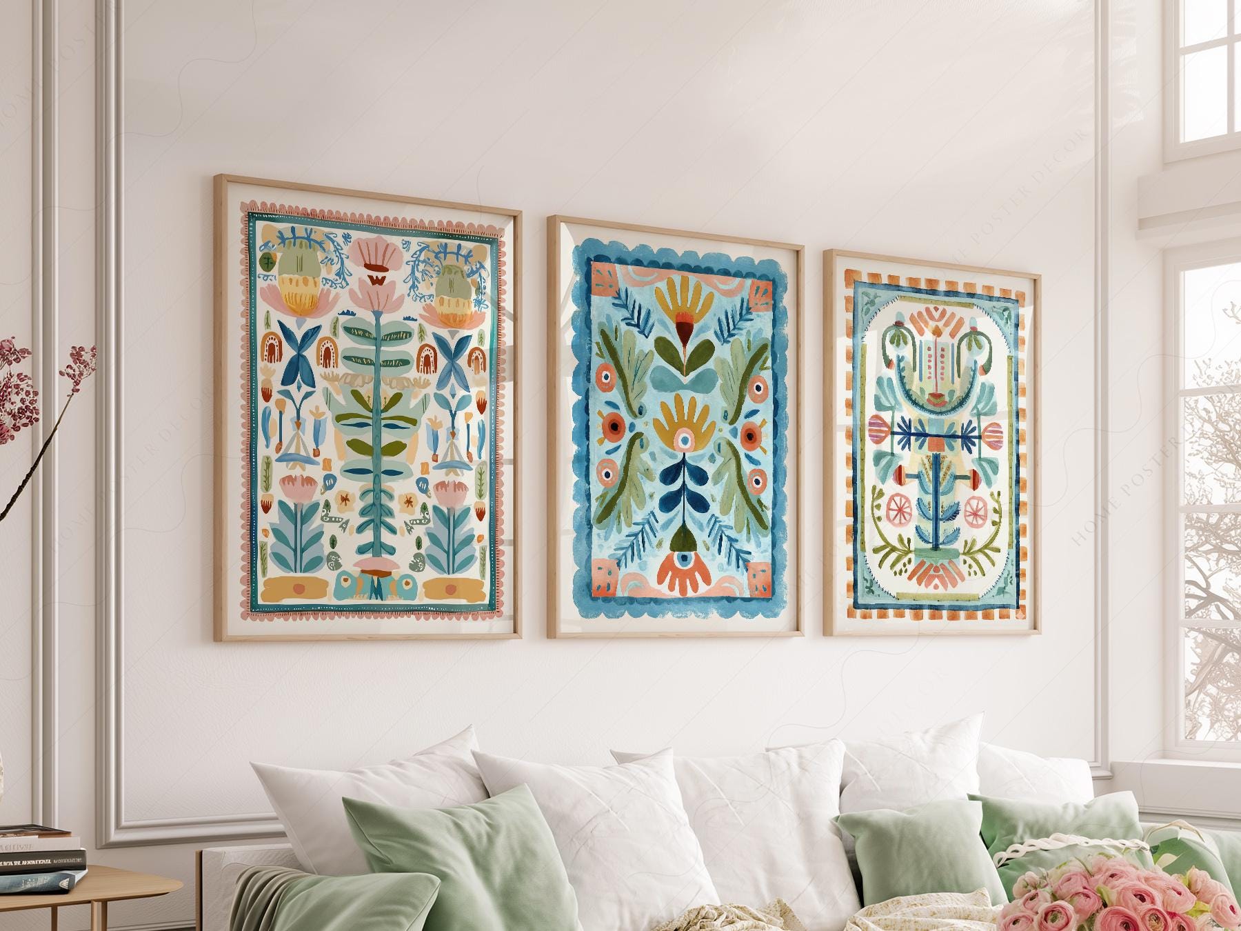 Boho floral tapestry art print set of 3 featuring folk-inspired botanical patterns in pastel and earthy tones as wall art.