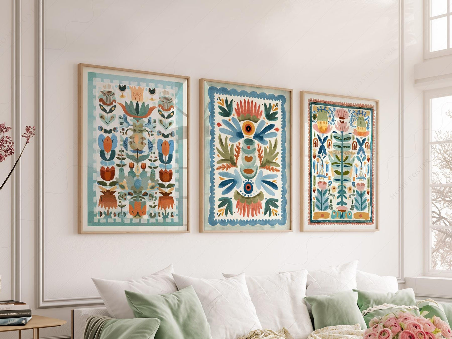 Boho Folk Art Floral Print Set of 3 – Tapestry Style – museum quality art print