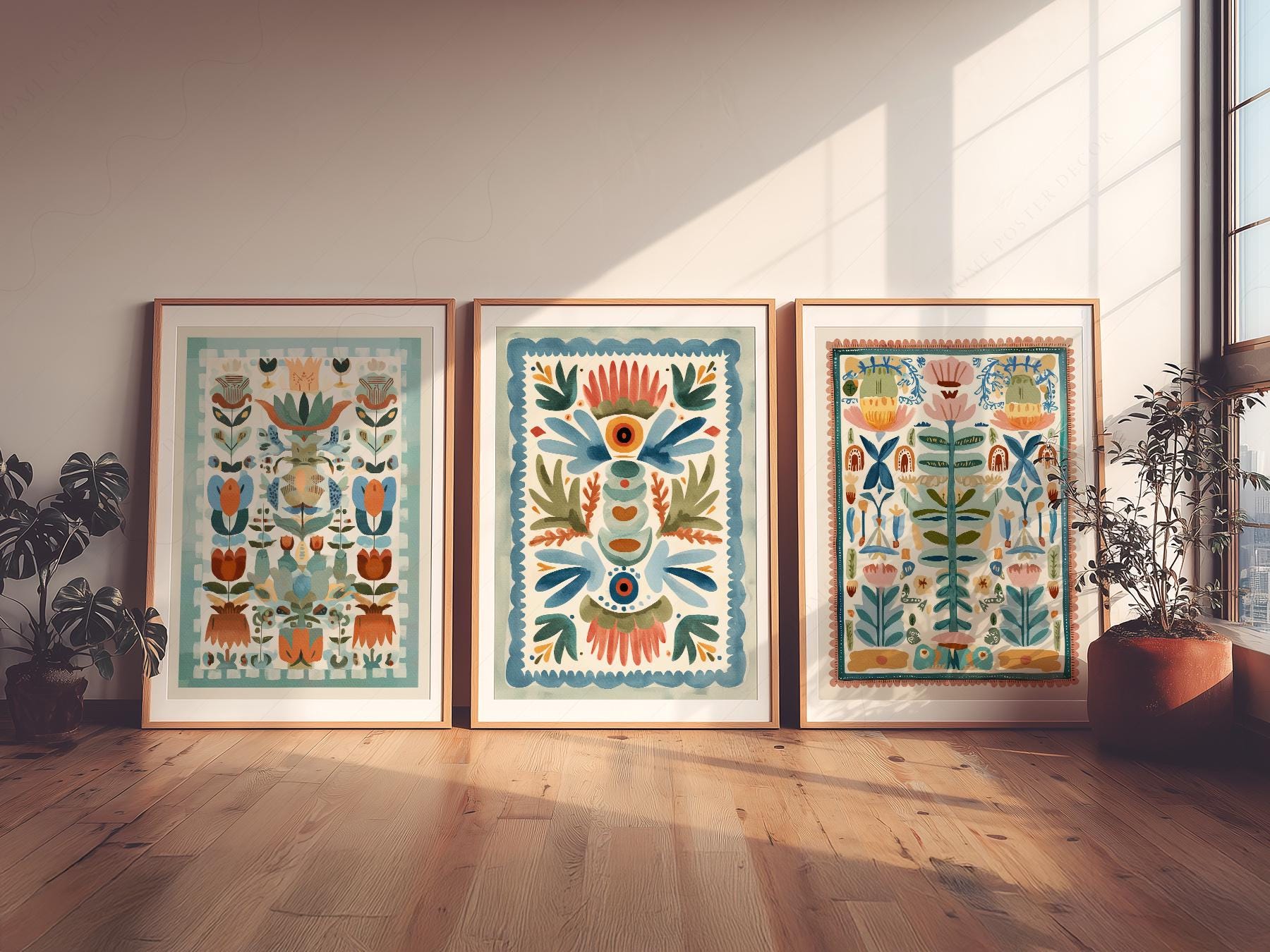 Boho Folk Art Floral Print Set of 3 – Tapestry Style – exhibition poster wall art