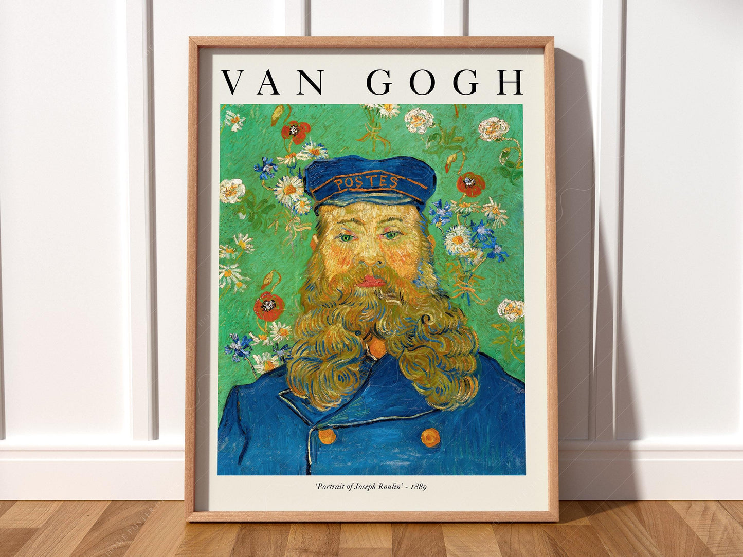Van Gogh Portrait of Joseph Roulin art print featuring the postman with a golden beard against a floral green background.