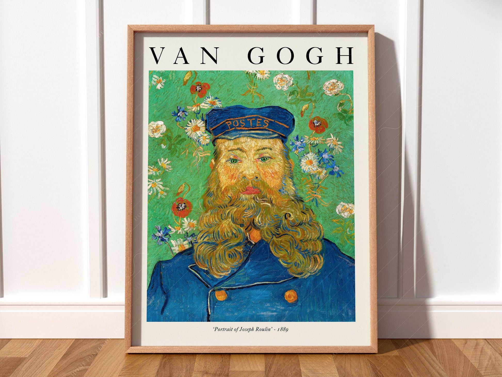 Van Gogh Portrait of Joseph Roulin art print featuring the postman with a golden beard against a floral green background.