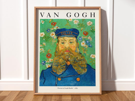 Van Gogh Portrait of Joseph Roulin art print featuring the postman with a golden beard against a floral green background.