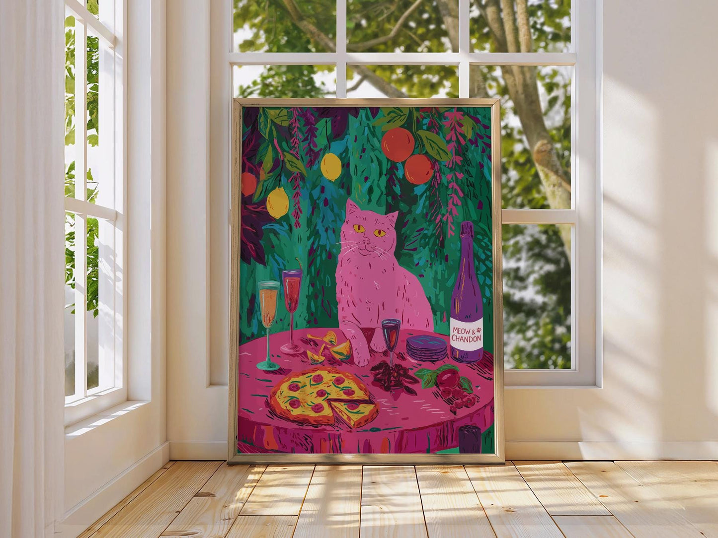 Meow Chandon Cat Print – Maximalist Kitchen Art Funny – classic art print reproduction