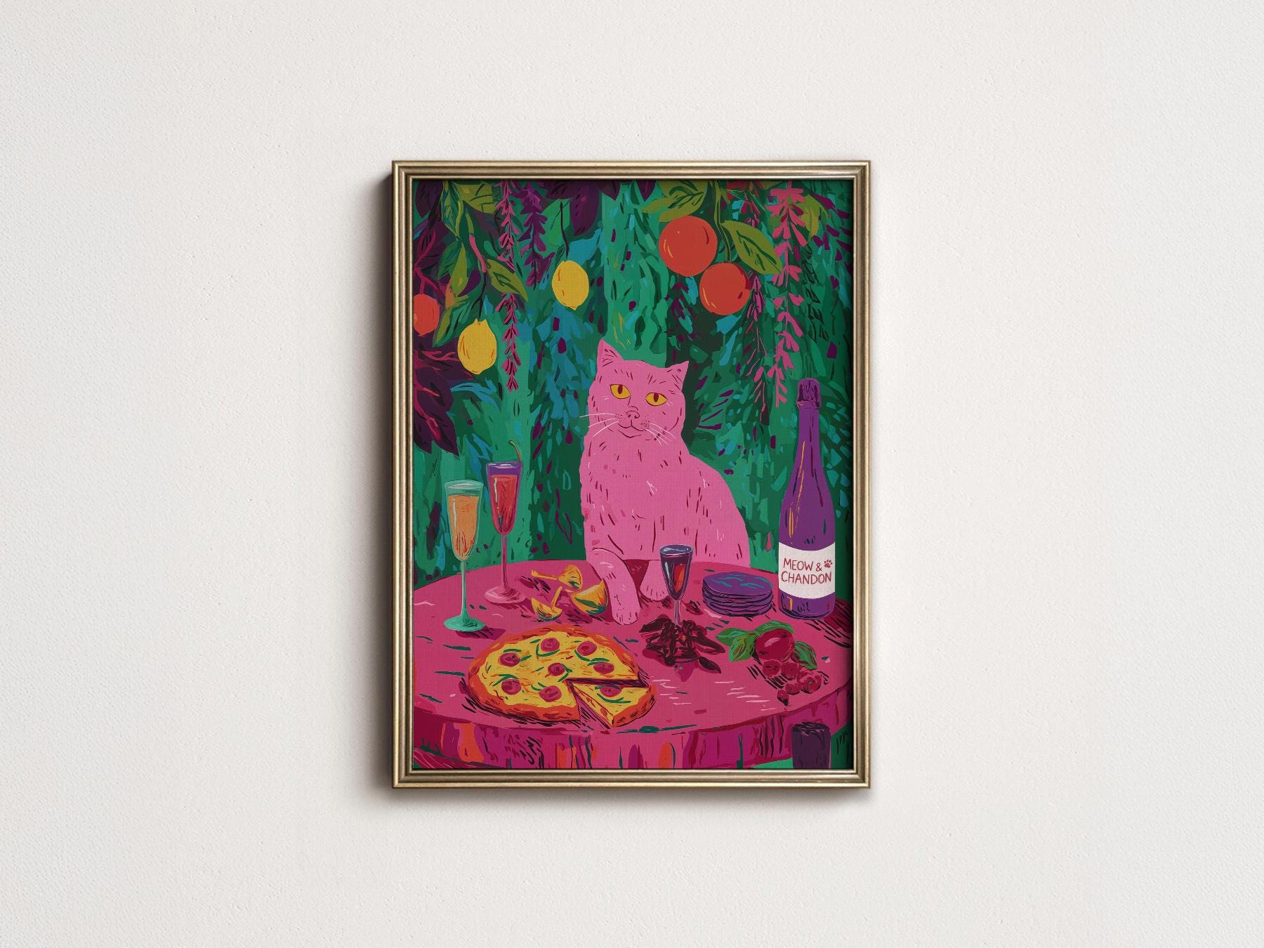Meow Chandon Cat Print – Maximalist Kitchen Art Funny – archival paper art print