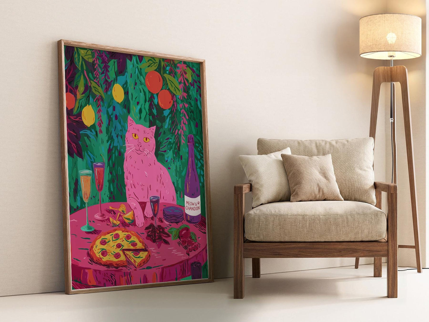 Meow Chandon Cat Print – Maximalist Kitchen Art Funny – art poster for living room