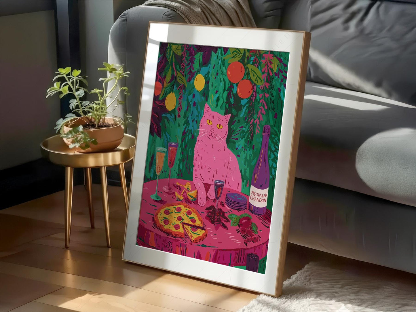Meow Chandon Cat Print – Maximalist Kitchen Art Funny – fine art wall poster