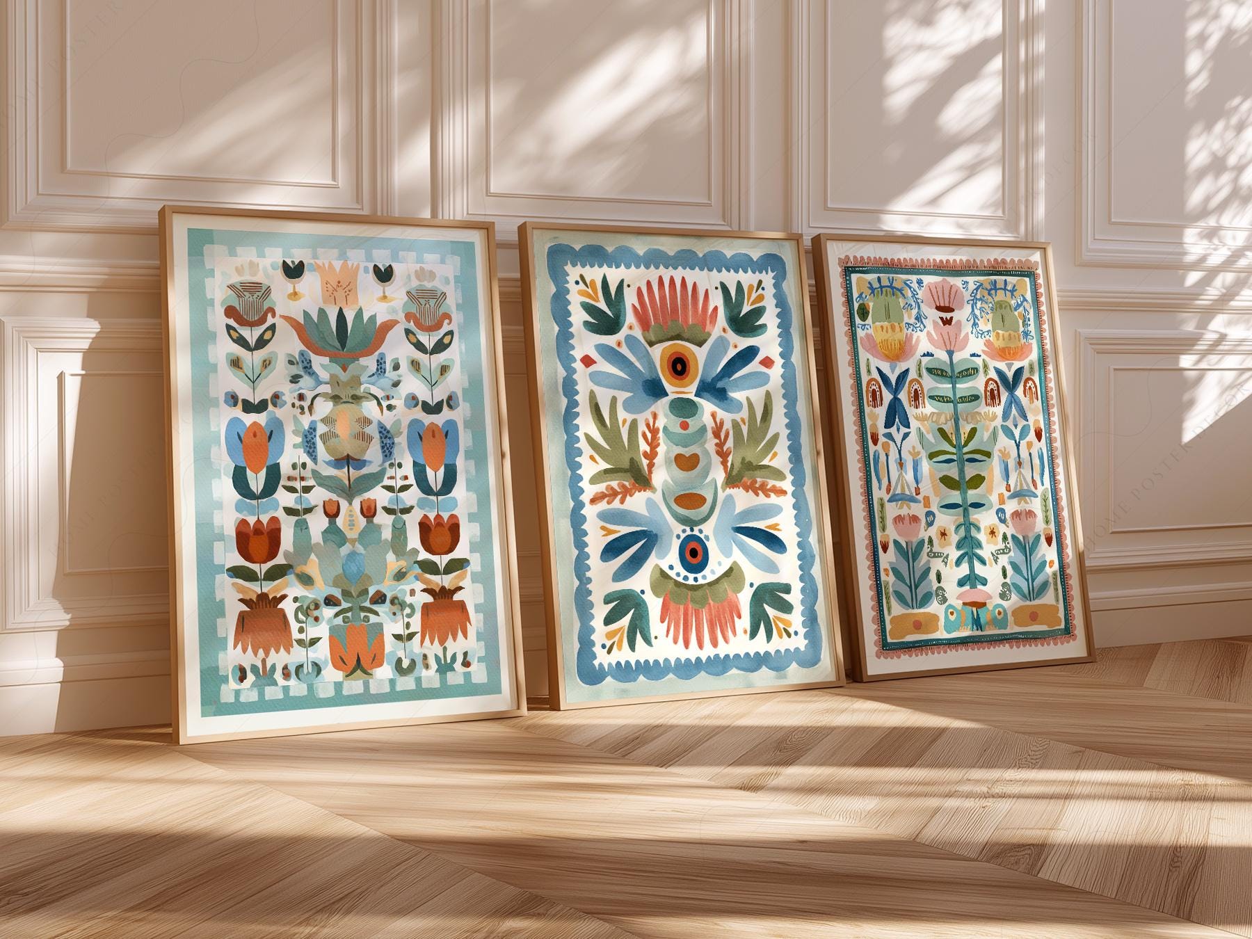 Boho Folk Art Floral Print Set of 3 – Tapestry Style – gallery wall art poster